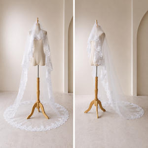 Abito <span class=keywords><strong>da</strong></span> <span class=keywords><strong>sposa</strong></span> bianco taglie forti a trapezio senza schienale <span class=keywords><strong>con</strong></span> <span class=keywords><strong>velo</strong></span>, lunghezza a terra, in pizzo <span class=keywords><strong>con</strong></span> fiori ricamati, in tulle, <span class=keywords><strong>con</strong></span> strascico a cappella, su misura, produzione in fabbrica - Product Image 6