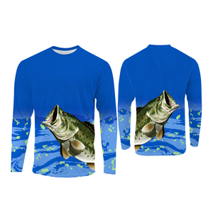 Camisa de Pesca de Manga Larga para Hombre, Diseño de Lubina con Estampado por Sublimación, UPF 50, Anti-UV, Patrón Azul Verde, Ropa para Exteriores - Product Image 3