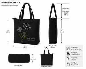 Sac fourre-tout en toile noire à motif floral avec fermeture éclair, design minimaliste pour le shopping toutes saisons - Product Image 2