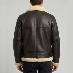Blouson aviateur en cuir véritable marron pour homme avec doublure en fausse fourrure, style moto, fermeture éclair - Blouson en cuir marron - Product Image 4