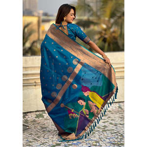 Sari en soie Paithani tissé Zari bleu Elite Weaves, spécial Gudi Padwa, pour les festivals indiens et pakistanais - Product Image 3