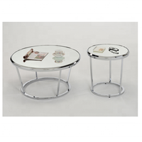 Table basse ronde de style moderne en chrome avec plateau en verre miroir et film anti-éclats pour salon