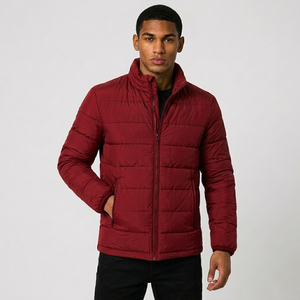 Men's <b>Red</b> Stand Collar Puffer <b>Jacket</b> Windproof Polyester Wadding Zipper Closure Casual Autumn Wear Regular Fit - Product Image 3