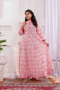 Hand Block Printed 100% Natural Cotton Women's Floor-Length Floral Summer Dress Long Sleeve <b>Three</b> Quarter Sleeve Casual Daily - Product Image 1