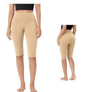 Custom Wholesale Women <b>High</b> Waist <b>Knee</b> Length Yoga Shorts With Side Pocket Breathable Stretch Gym Fitness Training Biker Shorts - Product Image 1