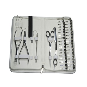 Hair Extensions Tools Kit Gold Pliers Set with Loop <b>Needle</b> Threader Pulling Hook <b>Bead</b> Device Tool Micro Silicone Rings <b>Beads</b> - Product Image 1
