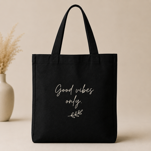 กระเป๋าผ้าแคนวาส Good Vibes Only ขนาดใหญ่ ใช้ได้ทุกวัน หูหิ้วยาว ลายตัวอักษร สีดำ - Product Image 1