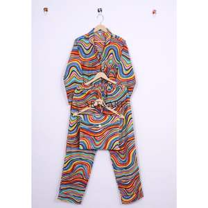 ชุดนอนลำลองผ้าฝ้ายสำหรับผู้หญิง ลายพิมพ์บล็อกดอกไม้ เสื้อและกางเกงขายาว ชุดนอนฤดูร้อน ชุดนอนยาวถึงข้อเท้า - Product Image 5