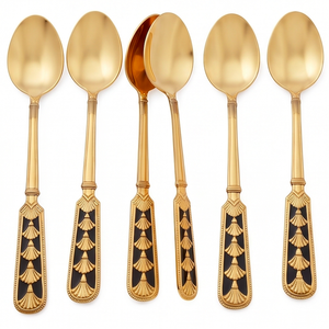 <b>Gold</b> Plated Tea <b>Spoons</b> With Black Inlay Classic Design Long Handle Durable Flatware Set Of 6 For Kitchen Use And Hotel Use - Product Image 1