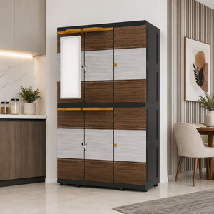 Naiba Mega Portable <b>Plastic</b> Cabinet/Wardrobe with Brown Gray Wood Style Doors & <b>Mirror</b> Suitable for Clothing & Bedroom Storage - Product Image 1