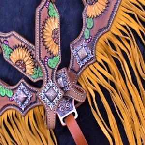 Hanpaint Premium Cowhide Horse Tack Set Cactusflowers Collier de poitrine Headstall Selles occidentales légères Tendance Équitation - Product Image 4