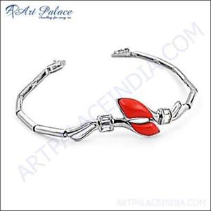 Stylish Unique Cubic Zirconia Synthetic Coral Gemstone <b>Silver</b> <b>Bracelet</b> <b>Adjustable</b> Bangles Adorable CZ <b>Bracelet</b> - Product Image 1