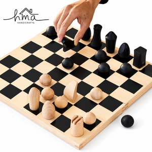 Jeu d'échecs en bois de noyer naturel et foncé, pièces coniques, plateau à damier géométrique, jeu de stratégie de luxe, décoration - Product Image 5
