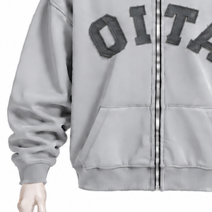 Light <b>Grey</b> Mens Full Zip Hoodie Chenille Letter Patch Heavyweight Fleece Oversized Casual Streetwear <b>Sweatshirt</b> with Pockets - Product Image 6