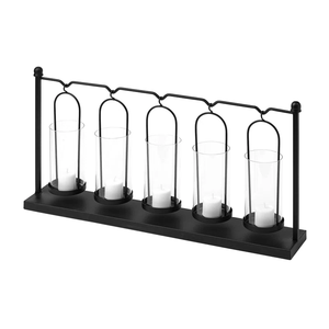 Modern Linear Metal Candle Holder Black Wavy 5-Light Candelabra Long Dining <b>Table</b> Centerpiece with Frosted <b>White</b> Glass Votive - Product Image 4