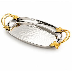 Luxury Stainless Steel Hammered <b>Decorative</b> Serving Tray With <b>Gold</b> Plated Twig Handles Round Metal Platter For <b>Living</b> <b>Room</b> - Product Image 6