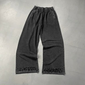 Pantalones de chándal holgados de algodón 100% estilo vintage para hombre, con lavado ácido, cremallera, bordados, cintura alta, corte recto, para correr - Product Image 3