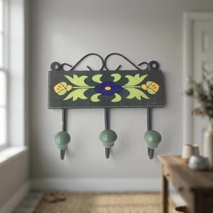 Porte-manteau mural multifonctionnel en céramique verte rustique avec rail, motif perles artistiques - Product Image 3