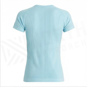T-shirt de yoga sans couture à manches courtes et col rond bleu clair pour femme NA, respirant, couleur unie, vêtements de sport - Product Image 2