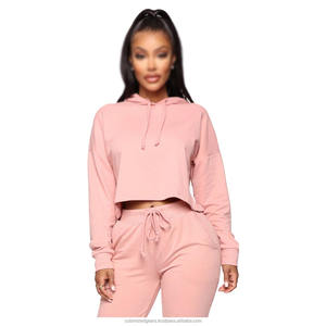 Femmes 100% coton tissu côtelé solide poignets survêtement ensemble haut court à capuche avec bouton décoration vêtements de sport survêtements - Product Image 1