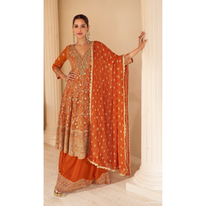 Ensemble Salwar Kameez brodé orange pour femmes avec dupatta, tenue ethnique traditionnelle pour mariage Inde Pakistan - Product Image 3