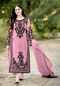 Conjunto de Kurta KV Rosa Bordado en Georgette, Estilo Indio-Pakistaní, Manga Larga, Largo hasta el Suelo, con Diseño Floral, Elegante para Fiestas y Bodas - Product Image 4