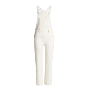Mono largo de mezclilla de tiro medio con cuello, sin mangas, pierna de corte recto y bolsillos cuadrados en la parte delantera, blanco, tipo short. - Product Image 4