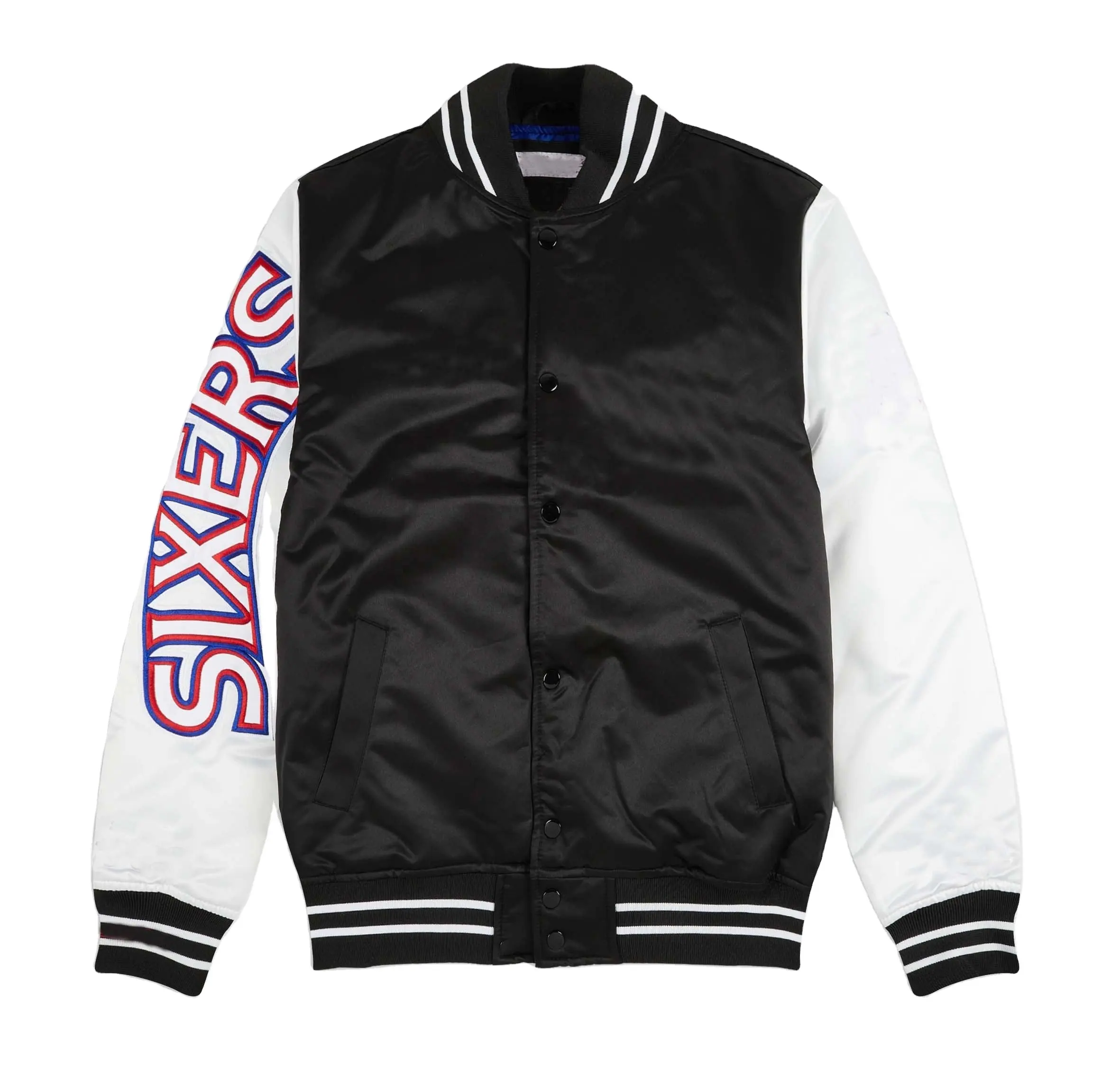Customize with your own brand logo black body white sleeves satin varsity bomber jacket Satin Silk
