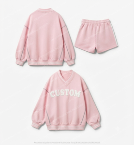 Conjunto de 2 Piezas para Mujer, Color Rosa, Suéter con Cuello en V y Pantalones Cortos por Encima de la Rodilla, Corte Holgado, Informal, Tejido de Algodón, Diseño Sólido, Transpirable y Ecológico - Product Image 5