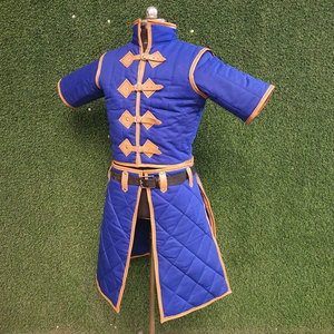 Manteau Gambeson médiéval bleu rembourré en coton, pour cosplay, HEMA, reconstitution historique, costume LARP avec sangles et boucles en cuir marron - Product Image 4