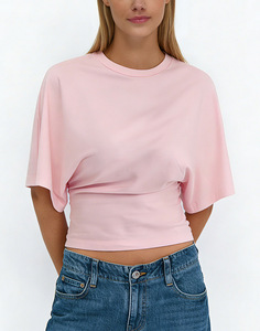 Camiseta Corta Blanca para Mujer, Estilo Holgado, Hombros Caídos, Manga Corta, Cuello Redondo, Color Sólido, Algodón Jersey, Transpirable - Product Image 5