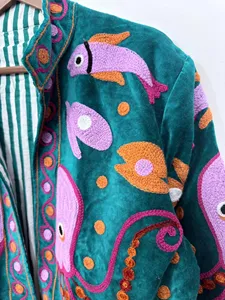 Premium Turquoise <b>Velvet</b> Embroidered Suzani <b>Jacket</b> with Octopus Pattern Full Sleeve Stand Collar Handmade Bohemian Autumn Coat - Product Image 3