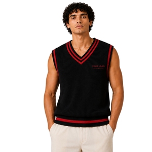 Gilet pull en maille pour homme, noir et rouge à rayures contrastées, col en V, sans manches, décontracté, léger, personnalisable avec logo, fabrication OEM - Product Image 1