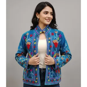 Chaqueta Étnica Azul de Algodón para Mujer con Bordado Floral a Mano, Estilo Bohemio, Abrigo de Moda - Product Image 2