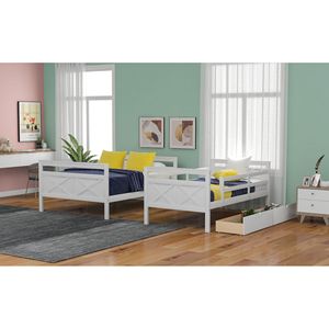 Letto a Castello Bianco con Letto Singolo Sopra e Letto Matrimoniale, con Scala e Ringhiera di Sicurezza, Due Cassetti Portaoggetti per Bambini - Product Image 5