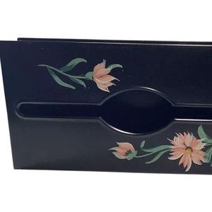 Toleware Black Metal Tissue <b>Box</b> Hand Painted Pink White Flowers Vtg 10.5 in - Product Image 1