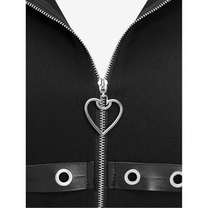 Manteau long à capuche pour femme grande taille, style gothique, en similicuir PU, avec fermeture éclair, lacets, œillets et rayures bicolores - Product Image 4