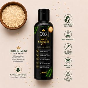 Huile de sésame blanche pour cheveux et peau |   Huile de sésame 100% pure et naturelle pour les soins des cheveux, le massage du cuir chevelu et la nutrition de la peau |   OEM Complet - Product Image 3