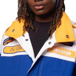 เสื้อแจ็คเก็ตรถแข่ง Sigma Gamma Rho สำหรับผู้หญิง สีน้ำเงินทอง แบบ Colorblock Bomber สไตล์กรีก ซิปหน้า สวมใส่สบายๆ สไตล์สตรีทแวร์ - Product Image 4
