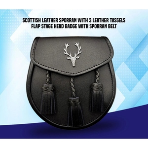 Pochette écossaise Sporran en cuir véritable noir de qualité supérieure avec emblème de cerf et trois pompons à chaîne - Product Image 3
