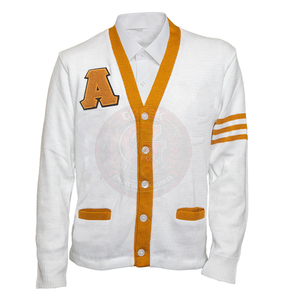 Cardigan blanc en tricot avec col en V orange et patch lettre A, style preppy, manches longues, pull pour femme - Product Image 1