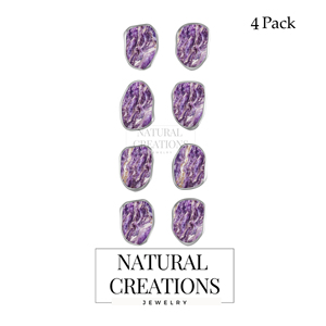 925 Sterling Silver Natural Charoite Rough Butterfly Lock Stud <b>Earrings</b> Classic Style Bezel Setting Engagement Wedding Gift Pack - Product Image 1