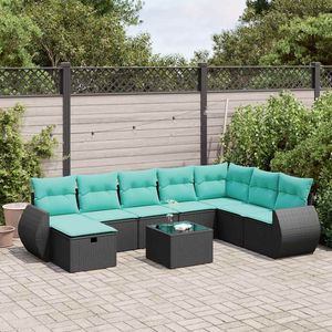 Set di divani da giardino in polyrattan nero da 9 pezzi con cuscini, eleganti mobili da esterno - Product Image 1