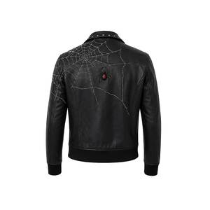 Veste en cuir moto noire pour homme, fermeture éclair asymétrique, imprimé toile d'araignée, col rabattu, veste de motard - Product Image 4