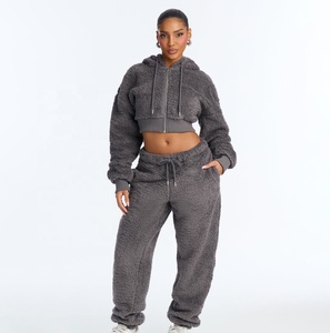 Sudadera con capucha de forro polar gris para mujer, 100% algodón, con cremallera y pantalones anchos a juego, talla grande, sudaderas personalizadas de invierno para mujer - Product Image 2