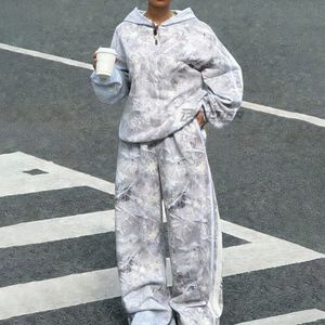 Chándal deportivo extragrande con capucha para mujer, con estampado acid wash, de forro polar cepillado, personalizable, al por mayor - Product Image 4