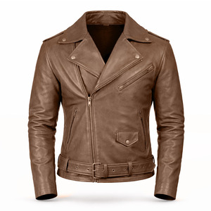 Veste de motard en cuir véritable marron pour homme, coupe ajustée, style vintage, écologique, respirante, imperméable - Product Image 1