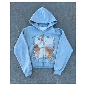 เสื้อฮู้ดดี้ผ้าคอตตอนผสมสไตล์วินเทจสำหรับผู้ชาย ล้างสีแบบแอซิด สีพื้น รุ่นใหม่ล่าสุด พิมพ์ลายสกรีน ทรงหลวม ซิปหน้า - Product Image 1