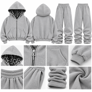 Ensemble sweat à capuche zippé et pantalon de survêtement gris réversible double face unisexe, personnalisable avec logo imprimé, hiver, coupe oversize, 100 % coton - Product Image 3