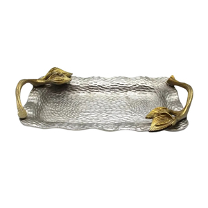 Handcrafted Aluminum <b>Serving</b> <b>Tray</b> With Decorative <b>Gold</b> Branch Flower Handle Modern Oval Hammered Metal Platter For Home Decor - Product Image 3